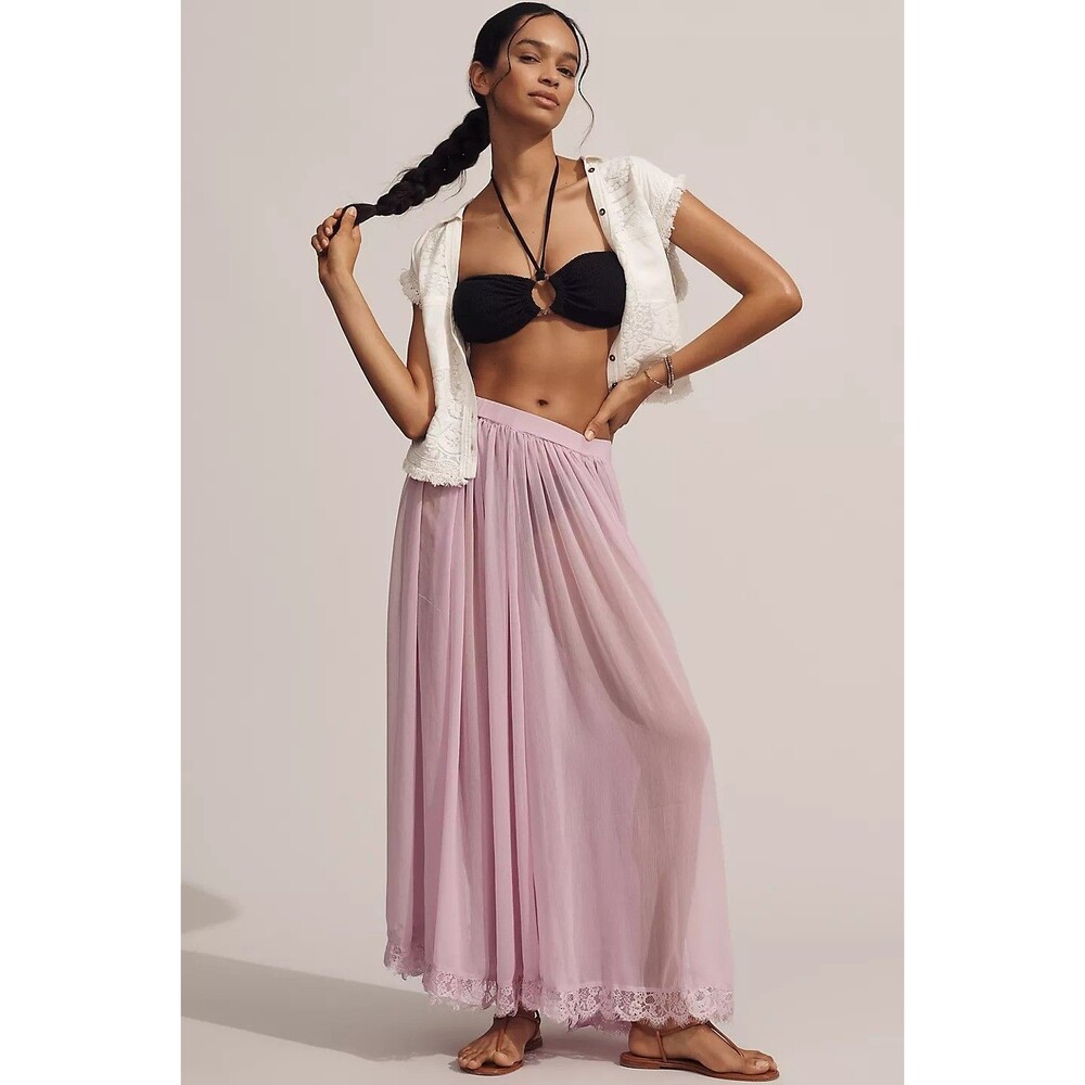 By Anthropologie Sheer Maxi Midi Skirt Floral Lace Pull-on Mid-Rise S New 281264